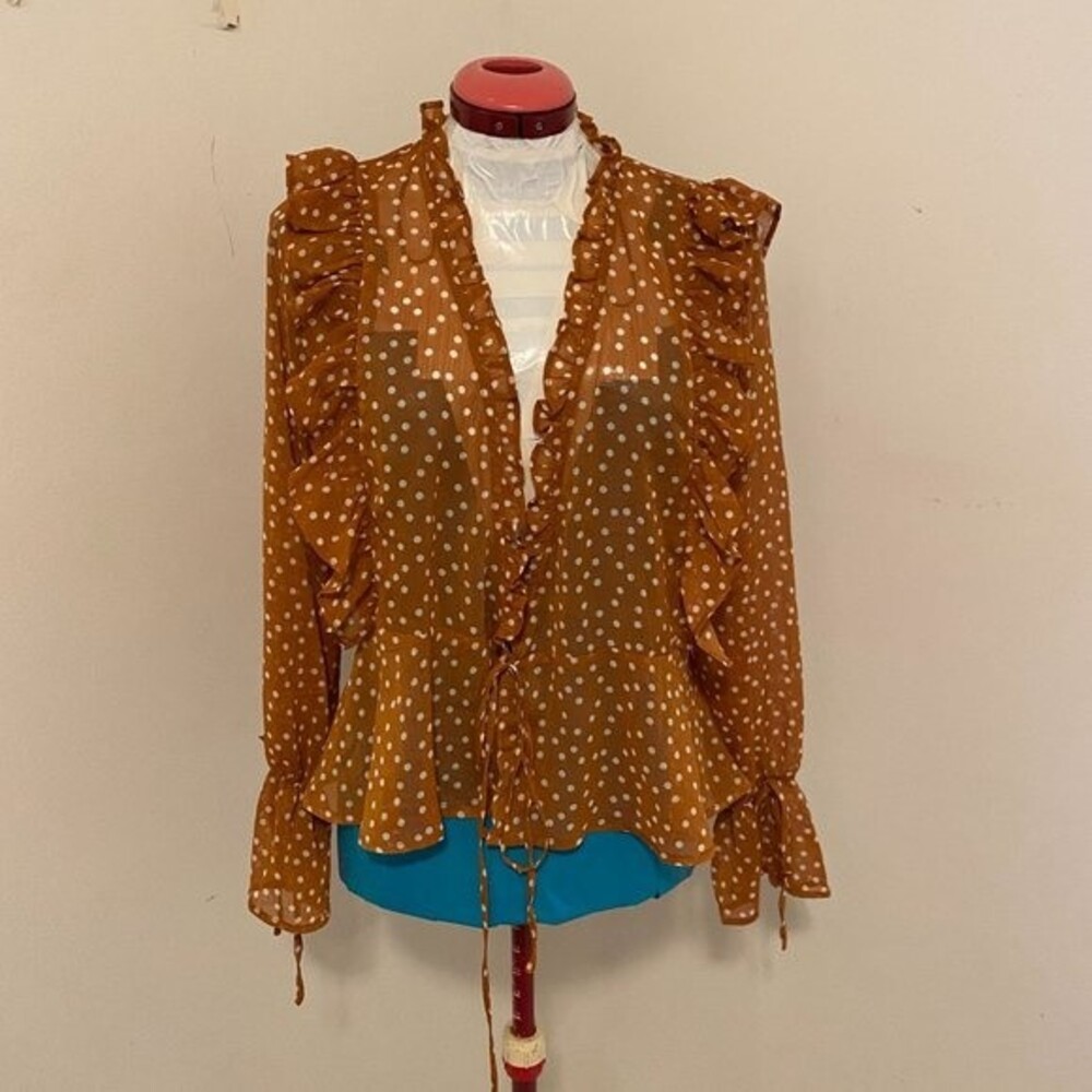 Favlux NWTRuffled Polka Dot Sheer V-Neck Front Tie Long Sleeve Womens Top Size L